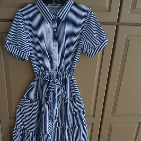 Flowy Blue & White Long Women's Casual Striped Dress M/L - Picture 4 of 8
